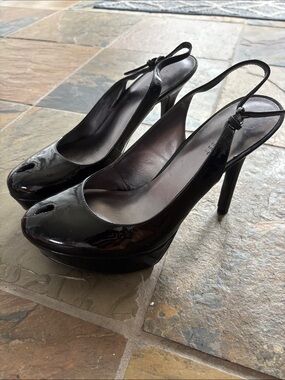 Nine West Black Patent Peep-Toe Slingback Platform Heels